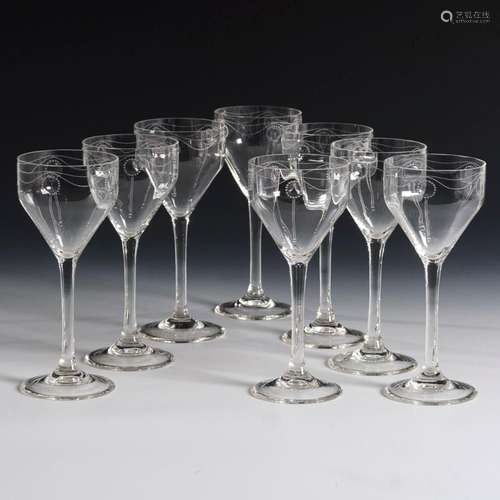 8 ART NOUVEAU WINE GLASSES. HARRACH.