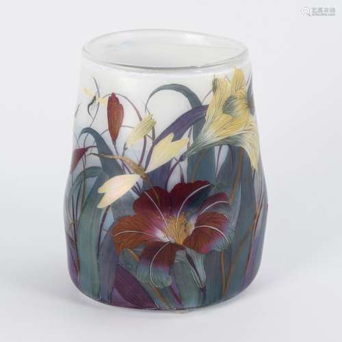 ARTISTIC VASE WITH FLORAL AND DRAGONFLY DECOR. EISCH.