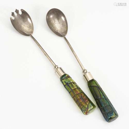 ART NOUVEAU SALAD SERVERS WITH GLASS HANDLES. ELIZABETH.