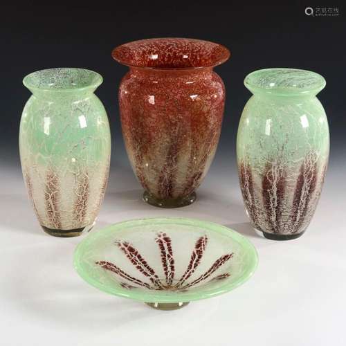 3 VASES AND GREEN BOWL "IKORA". WMF.