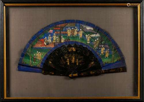 PAINTED CHINESE FAN IN GLAZED FRAME.