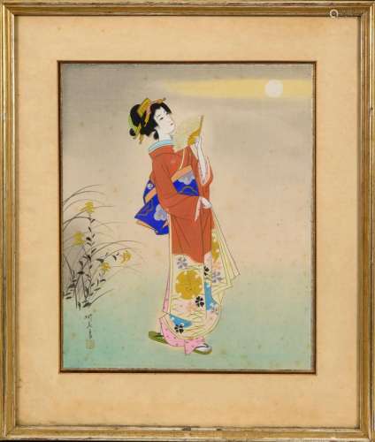 FABRIC PAINTING - YOUNG WOMAN WITH FAN.