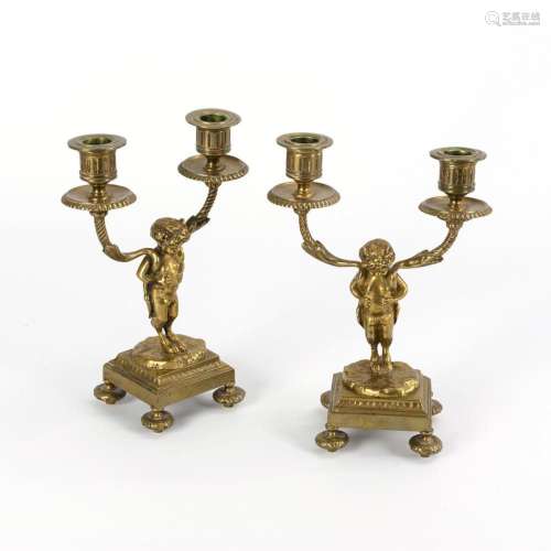 PAIR OF 2-FLAME CANDLESTICKS WITH FAUN BOYS.