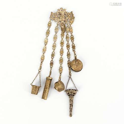 CHATELAINE WITH 5 SEWING NECESSAIRE TAGS.