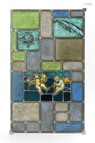 ART DECO LEADED GLASS WINDOW WITH 2 PUTTI.