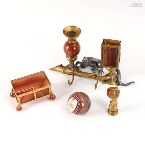 4-PIECE DESK SET WITH RED AGATE.