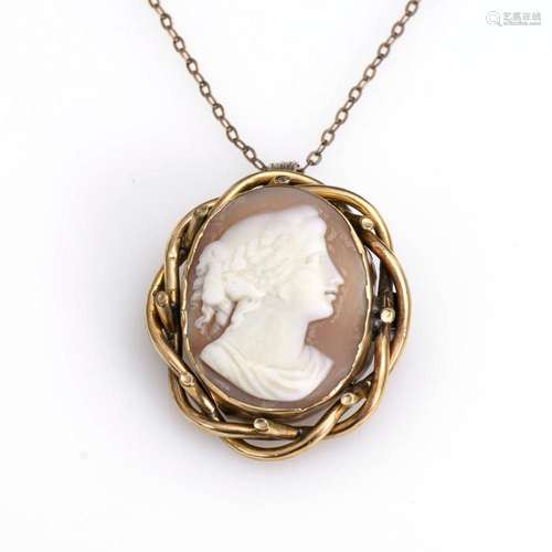 BROOCH/PENDANT WITH SHELL CAMEO 2ND H. 19TH C. ON LONG CHAIN...