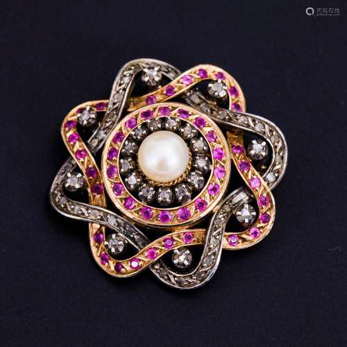 LARGE BROOCH WITH CULTURED PEARL, RUBIES AND DIAMOND ROSES.