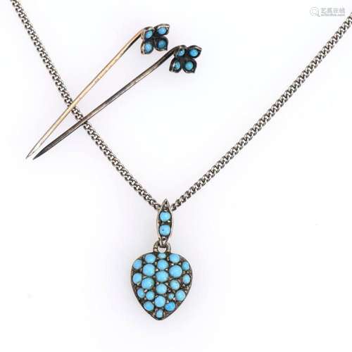 HEART PENDANT ON CHAIN AND 2 PINS WITH TURQUOISES AROUND 190...