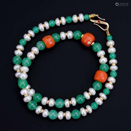 NECKLACE WITH CHRYSOPRASE, CULTURED PEARLS, BAMBOO CORAL AND...