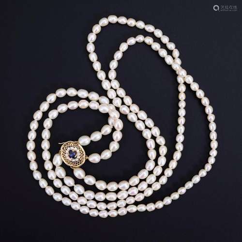 2-ROW CULTURED PEARL NECKLACE WITH SAPPHIRES AND DIAMONDS.