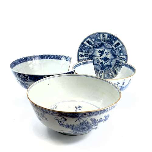 Three Chinese blue and white porcelain bowls, 18th century, ...