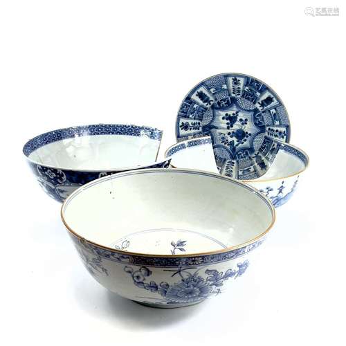 Three Chinese blue and white porcelain bowls, 18th century, ...