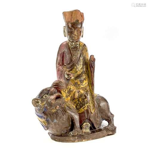 A Chinese carved and painted figure, 19th century, seated in...