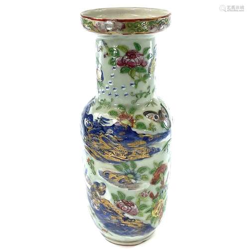 A Chinese Canton celadon porcelain vase, 19th century, gilt ...