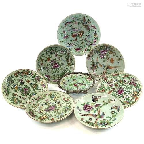 Eight Chinese Canton celadon porcelain plates, 19th century,...