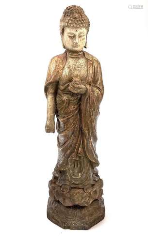 A Chinese carved and painted wood figure of a Buddhist Divin...