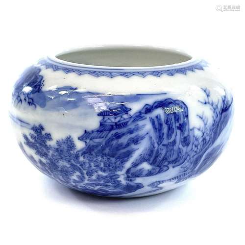 A Chinese blue and white porcelain brushwasher, 19th century...