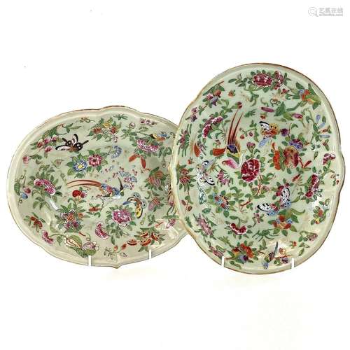 Two Chinese Canton celadon porcelain oval dishes, 19th centu...