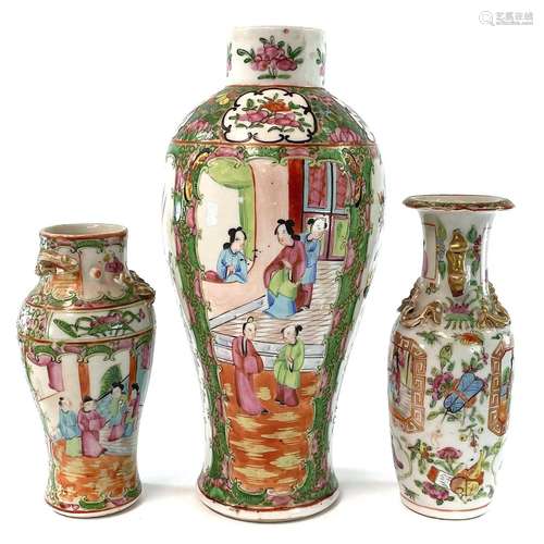 Three Chinese Canton porcelain vases, 19th century, heights ...