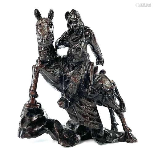 A Chinese carved wood figure of a warrior on horseback, 19th...