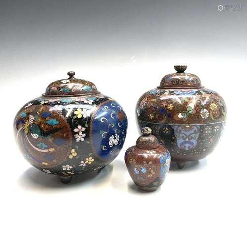 Three Japanese cloisonne jars and covers, Meiji period, larg...