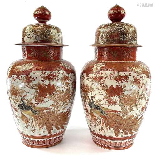 A large pair of Japanese Kutani porcelain vases and covers, ...