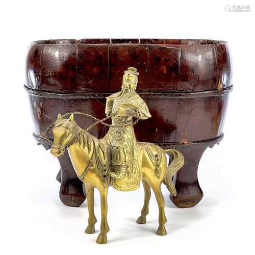 A Chinese metal bound wooden jardiniere, height 27cm, width ...