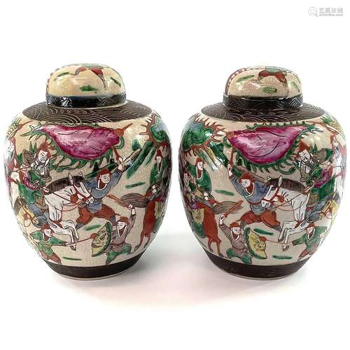 A pair of large Chinese crackle glaze famille verte ginger j...