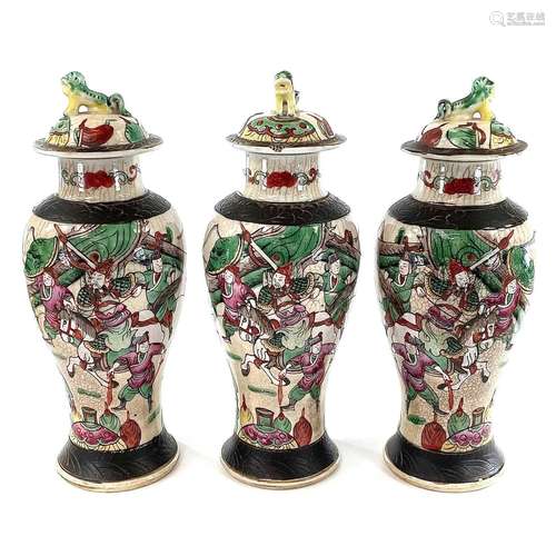 Three Chinese crackle glaze famille baluster vases, circa 19...