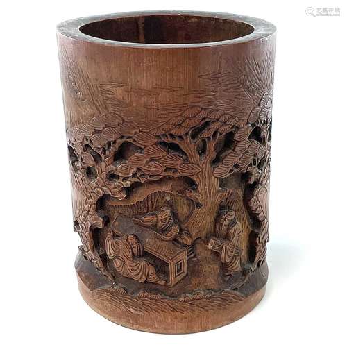 A Chinese carved bamboo brush pot, 19th century, height 17cm...