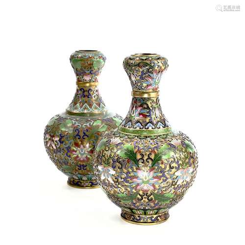 Two similar Chinese champleve gilt metal vases, circa 1900-1...