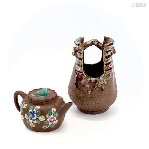 A Chinese Yixing teapot, height 10cm and a Japanese stonewar...