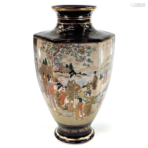 A Japanese Satsuma porcelain hexagonal vase, Meiji period, s...