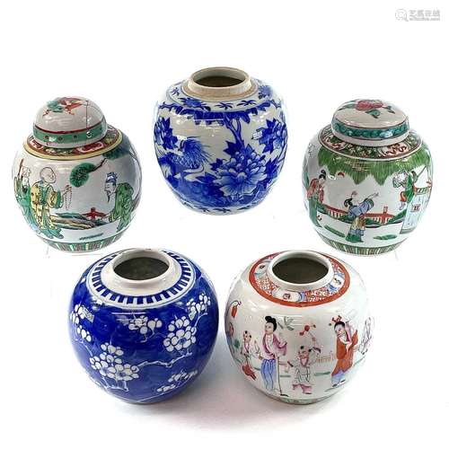 Five Chinese porcelain ginger jars, to include a 19th centur...