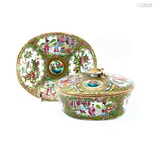 A Chinese Canton porcelain oval dish and cover on stand, 19t...