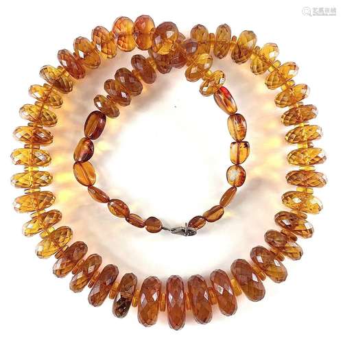 A faceted honey amber necklace, 71 grams, full length 60cm.