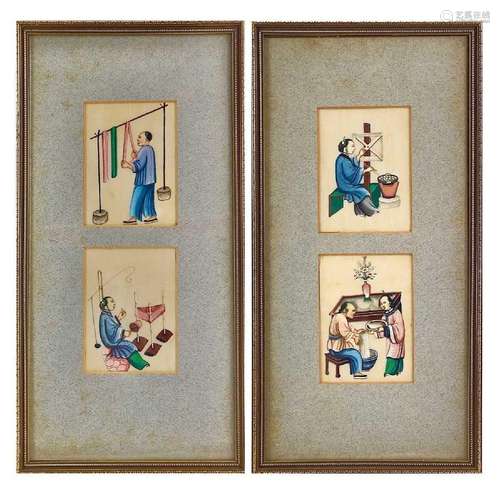 A set of four Chinese watercolour paintings on pith paper, e...