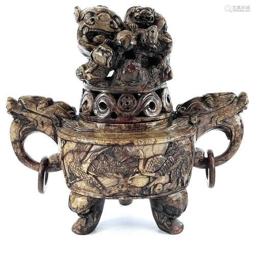 A Chinese carved soapstone koro and cover, late 20th century...