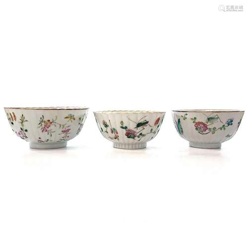 Three Chinese famille rose porcelain bowls, 19th century, he...