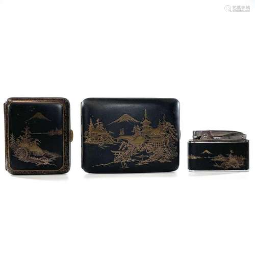 Two Japanese damascened mixed metal cigarette cases, largest...