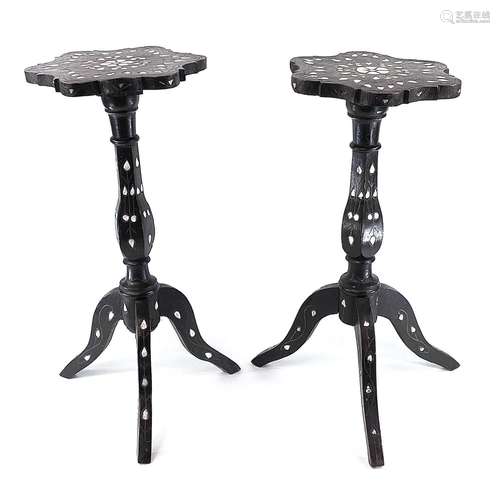 Two Indian mother of pearl inlaid tripod tables, circa 1900,...