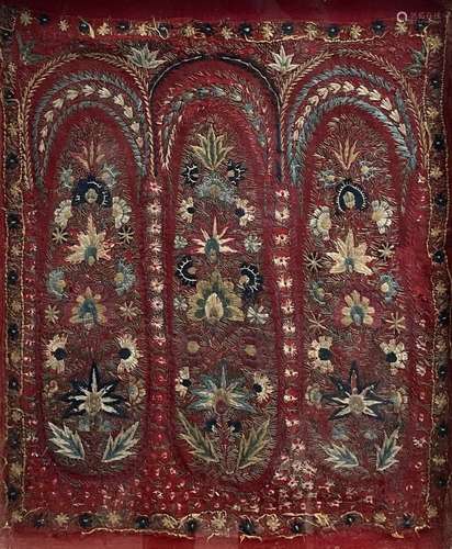 An Uzbek embroidered panel, with polychrome flowers and styl...