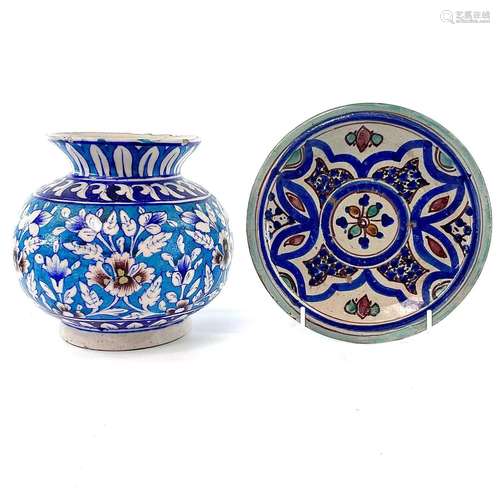 A Moroccan pottery dish, circa 1900, diameter 17cm and a Sin...