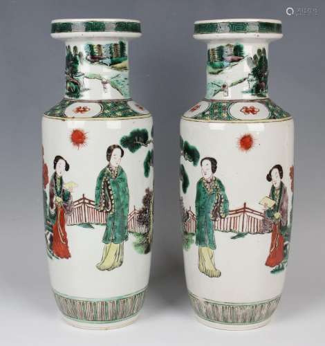 A pair of Chinese famille verte porcelain rouleau vases