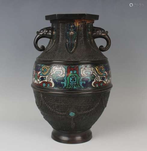 A Japanese brown patinated bronze and champlevé enamel vase