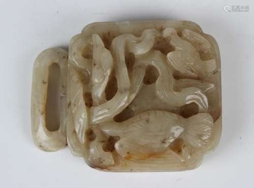 A Chinese pale celadon jade buckle