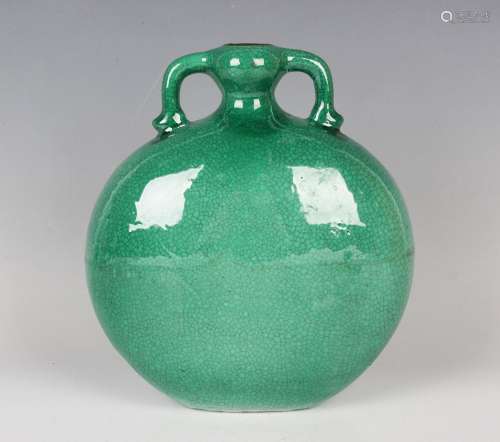 A Chinese green crackle glazed porcelain moonflask of flatte...