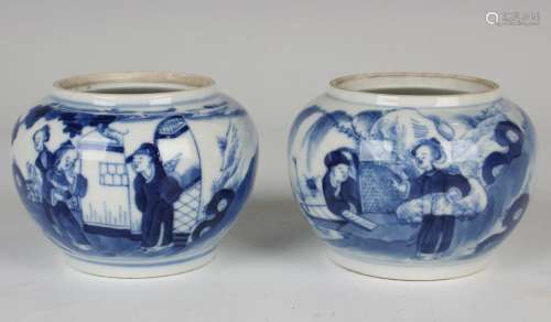 A near pair of Chinese blue and white porcelain pots