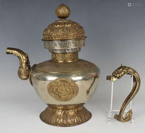 A Tibetan brass mounted teapot and cover